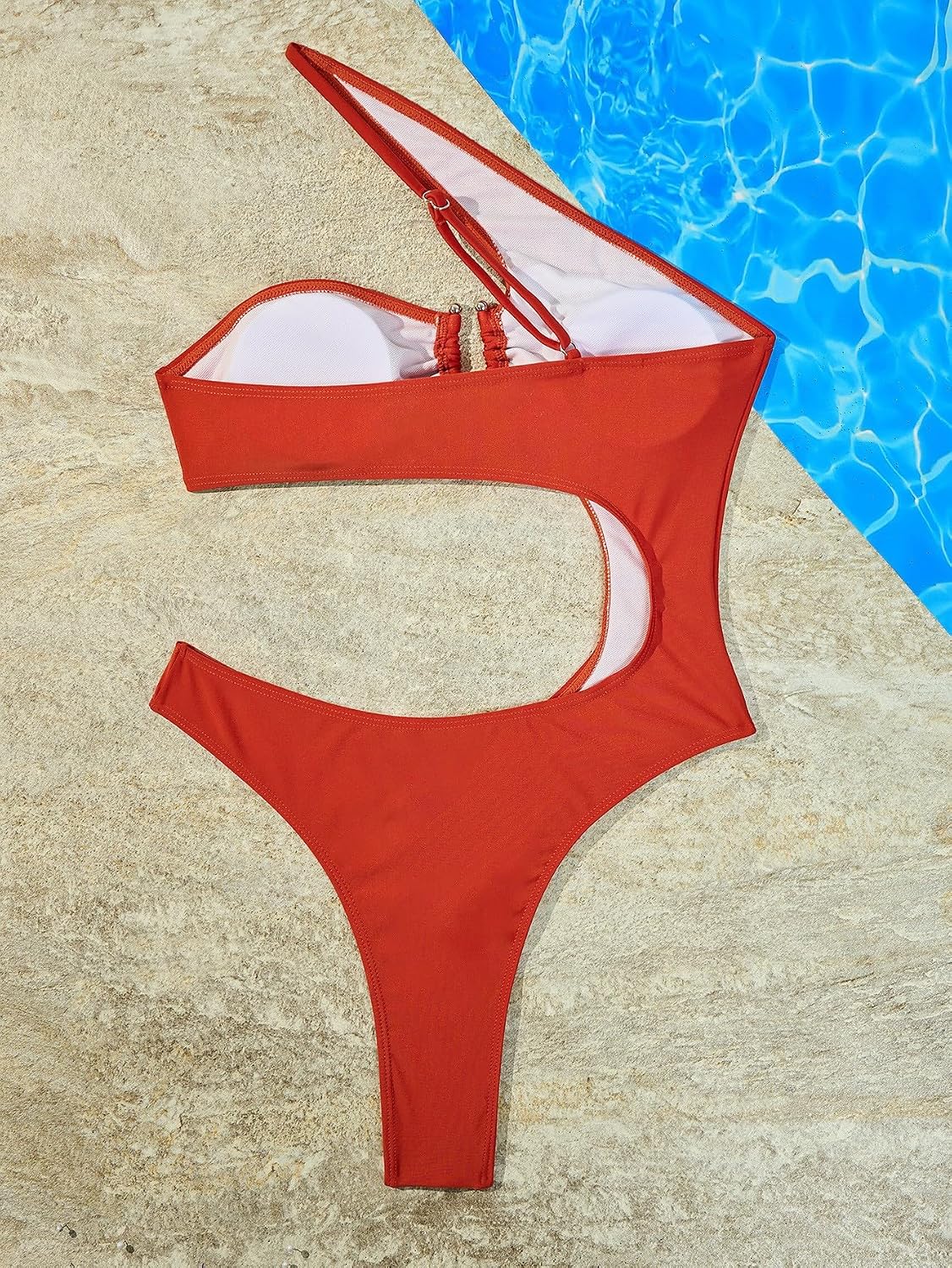 Women's One Shoulder Cutout Swimsuit, Brown, High Cut Bikini Bottom, Metal Ring Detail, Asymmetric Monokini PQ2407