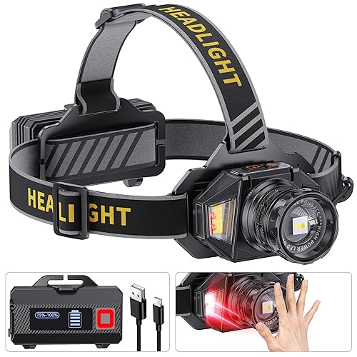 LED Headlamp Rechargeable，99000 Super Bright Head Lamp with 12 Modes & 90H Long Battery Life & IPX7 Waterproof,90° Adjustable Headlight for Outdoor Camping, Cycling, Hiking