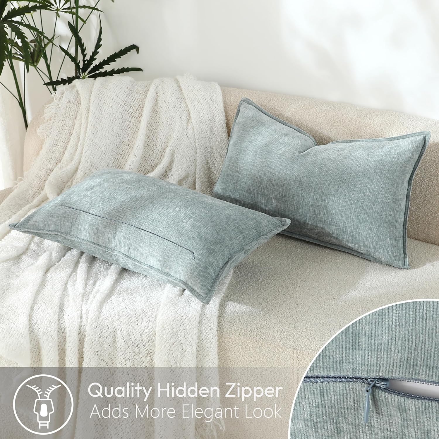 Stellhome Set of 2 Super Soft Textured Decorative Pillow Covers Lumbar Chenille Throw Pillow Covers Accent Solid Cushion Cover for Couch Sofa Bedroom Living Room 12x20 Inch, Aqua Haze - Image 4