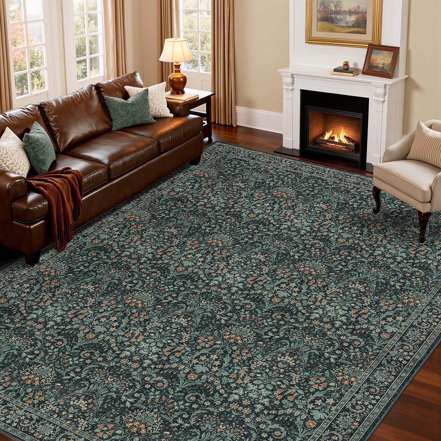 Washable 9x12 Area Rug for Living Room Bedroom Dining Room Under Kitchen Table,Non-Slip Low Pile Stain Resistant Soft Large Carpet for Vintage Floral Oriental Home Decor Dark Green/Navy/Black