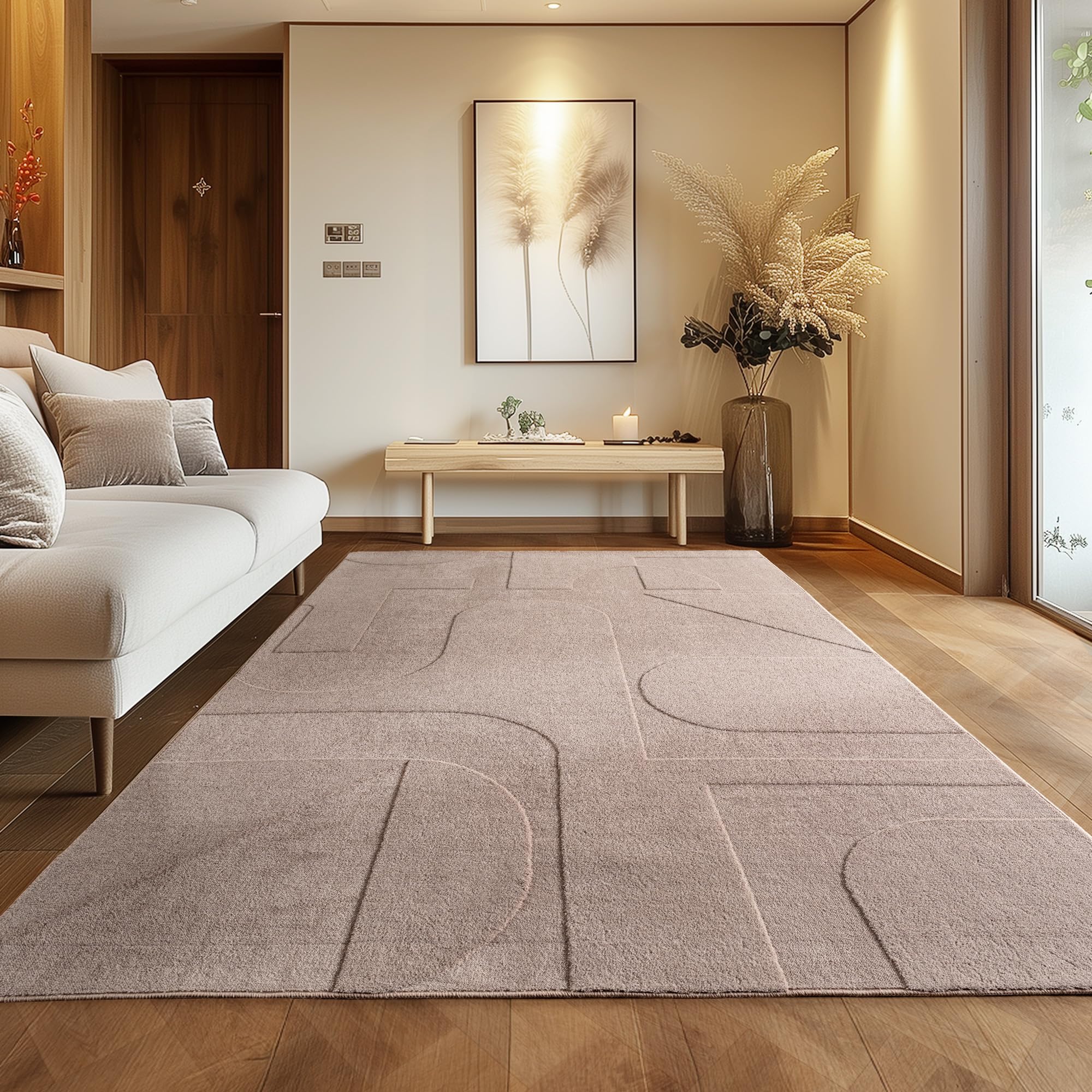 Carpettex Tapis scandinave, design bohème, uni beige, 140 x 200 cm, facile d'entretien et doux, lavable, avec effet 3D, pour salon et chambre à coucher