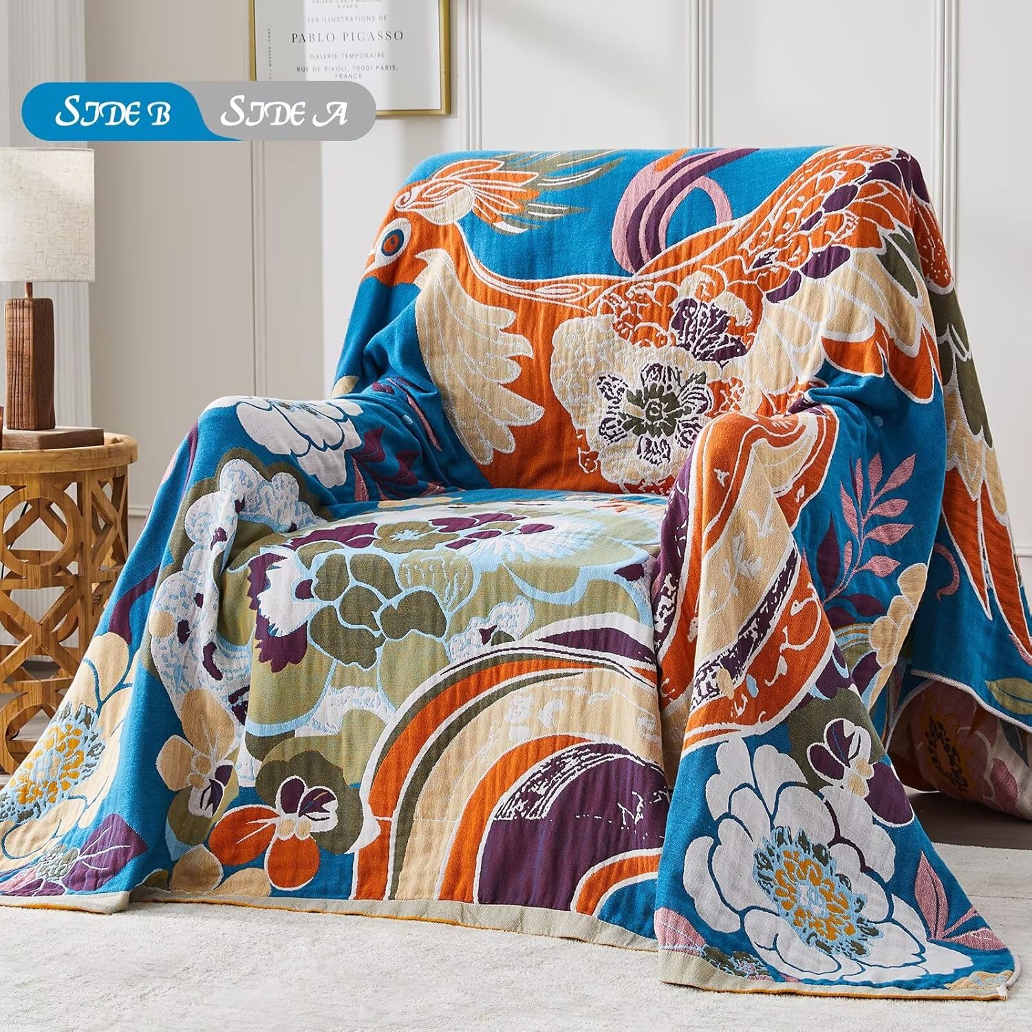 Boho Blanket Soft Muslin BohoThrow Blanket, 100% Cotton Floral Printed Farmhouse Decor All Season Reversible Rustic Throw for Sofa Couch Chair (50"x60")