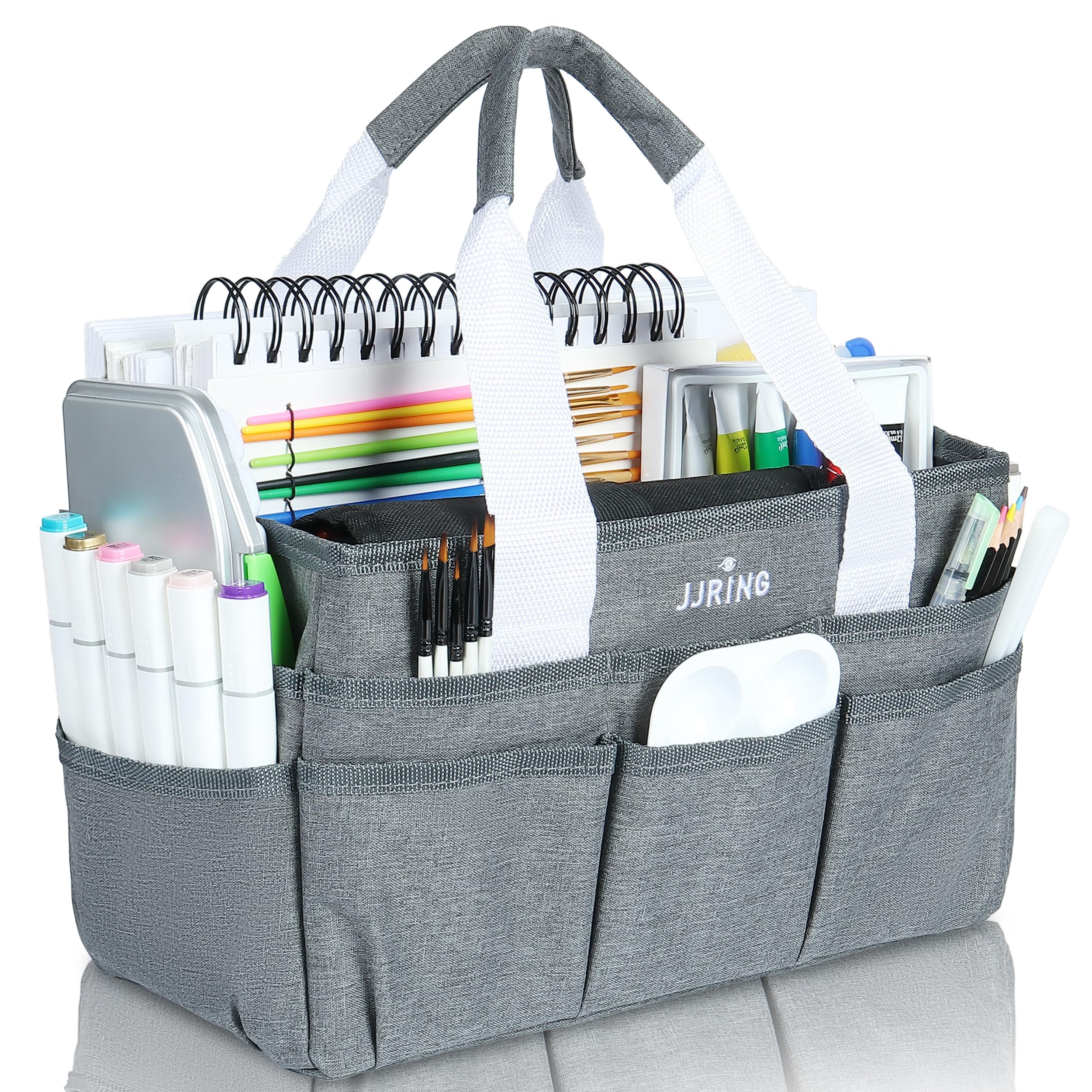 JJRING Craft Organizer Tote Bag, Art Storage Caddy with Multiple Pockets, Grey Sewing Bag for Art, Craft, Scrapbooking, Medical, and Office Supplies