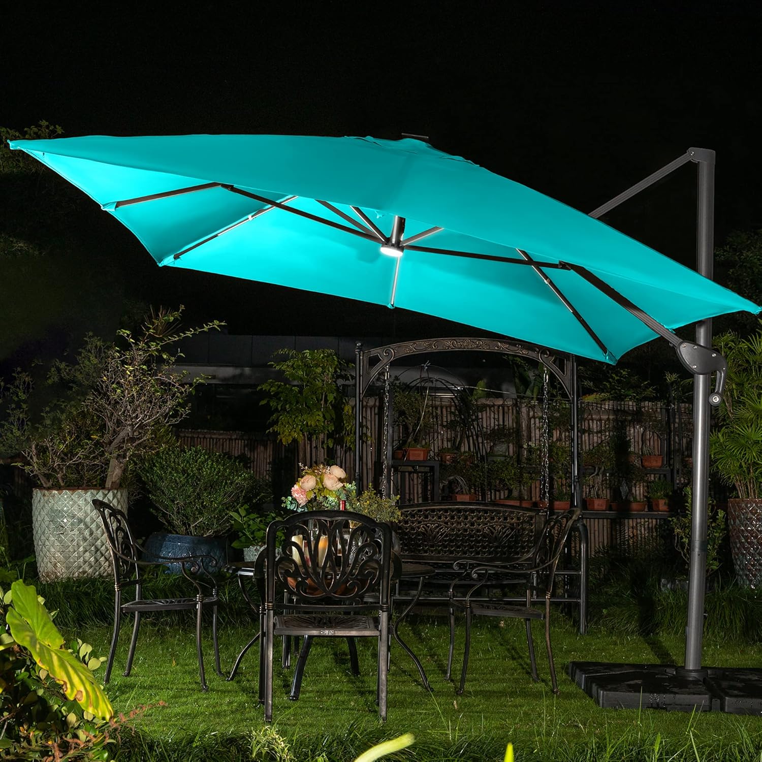 Sunnyglade 10x13ft Solar Powered LED Cantilever Patio Umbrella Square Deluxe Offset Umbrella 360°Rotation & Integrated Tilting System & LED lights for Market Garden Deck Pool Backyard Patio
