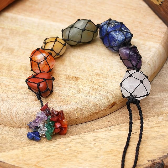 FASHIONZAADI Seven Chakra Gemstone Tumble Stone Wall & Car Hanging Figurine For Reiki Healing Crystal Statue Handmade Chakra Balancing House Window Decor Love Crystals Hanging Size - 10-11 inch Apr.