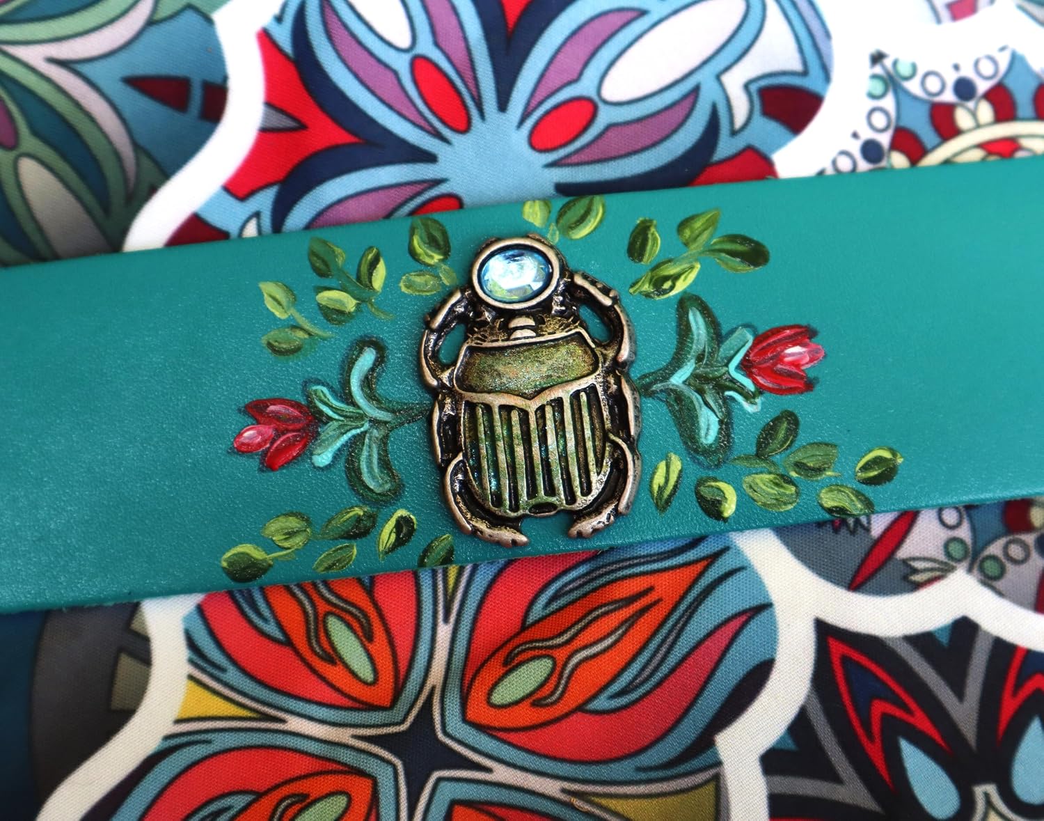 Adjustable Wide Turquoise Blue Leather Cuff Bracelet with Silver Scarab Beetle Stud and Original Colorful Artist Hand Painted Floral Design Boho Jewelry for Teen Girls Women