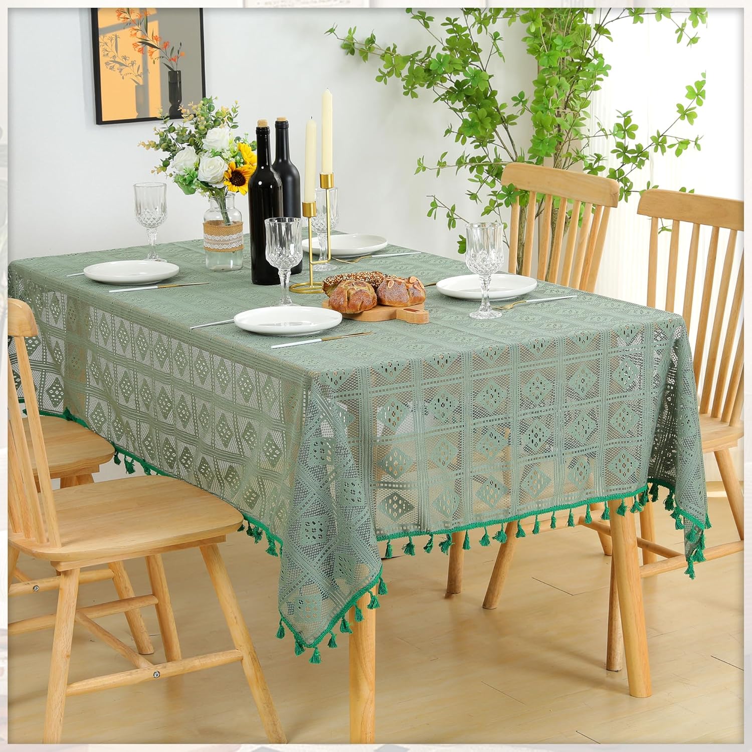 Green Chrochet Lace Tablecloths Rectangle Table Cloths Openwork Table Cover for Wedding Party Holiday Dinner Home Decoration (55"x70", Green)