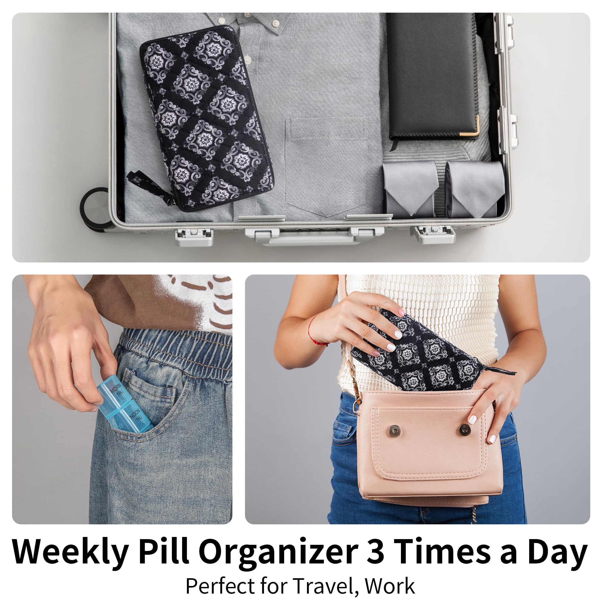 Organizador de pastillas de viaje 3 veces al día, pastillero portátil de 7 días con compartimentos grandes extraíbles, pastilleros diarios para vitaminas, aceite de pescado