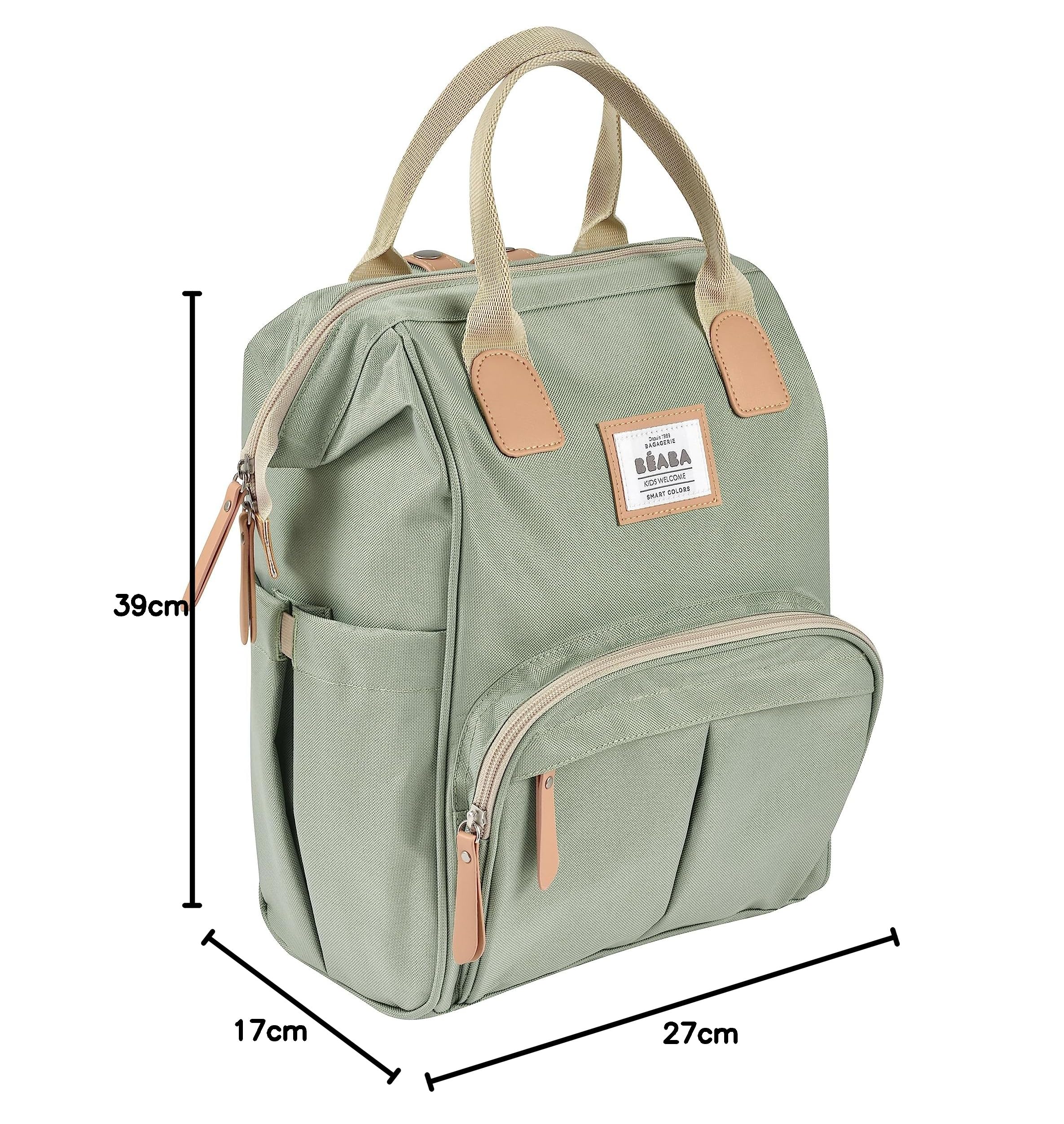 BÉABA, Mochila Cambiador Bebé, Gran Capacidad de Almacenaje, Múltiples Bolsillos, Cambiador Incluido, Gran Apertura, Bolsillos Aislantes, Bolsa de Viaje Multifuncional, Bolsa Wellington, Verde Salvia