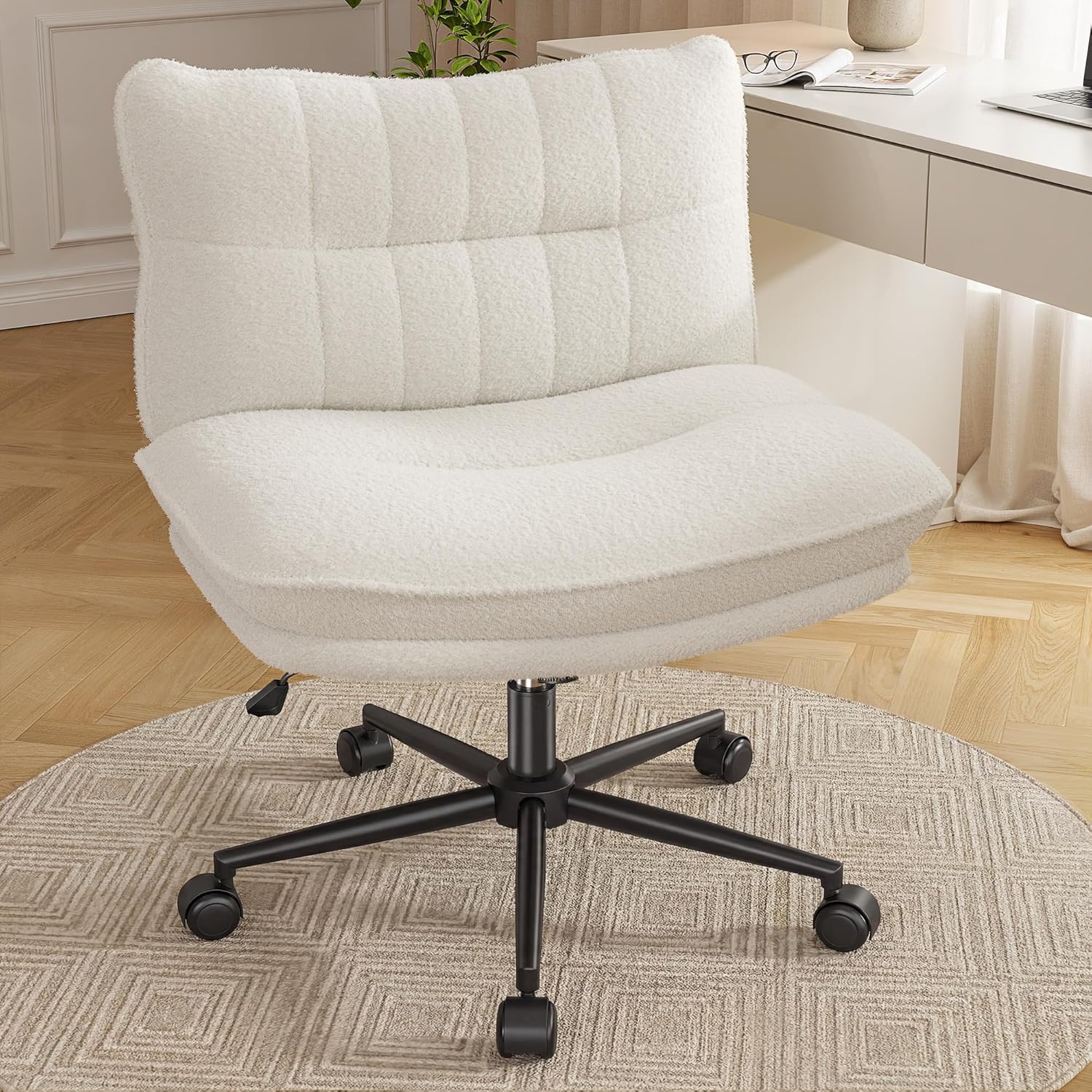DurayLoly Criss Cross Chair with Wheels, 6.2" Extra Thick Cross Legged Office Chair, Height Adjustable Swivel Design for Home Office, Study & Vanity,White