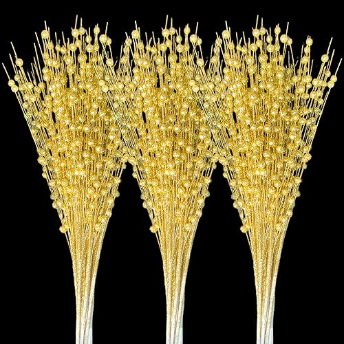 Paquete de 15 adornos artificiales de tallo de bayas con purpurina de 15.7 pulgadas, palitos decorativos de cuentas de Navidad (dorado)