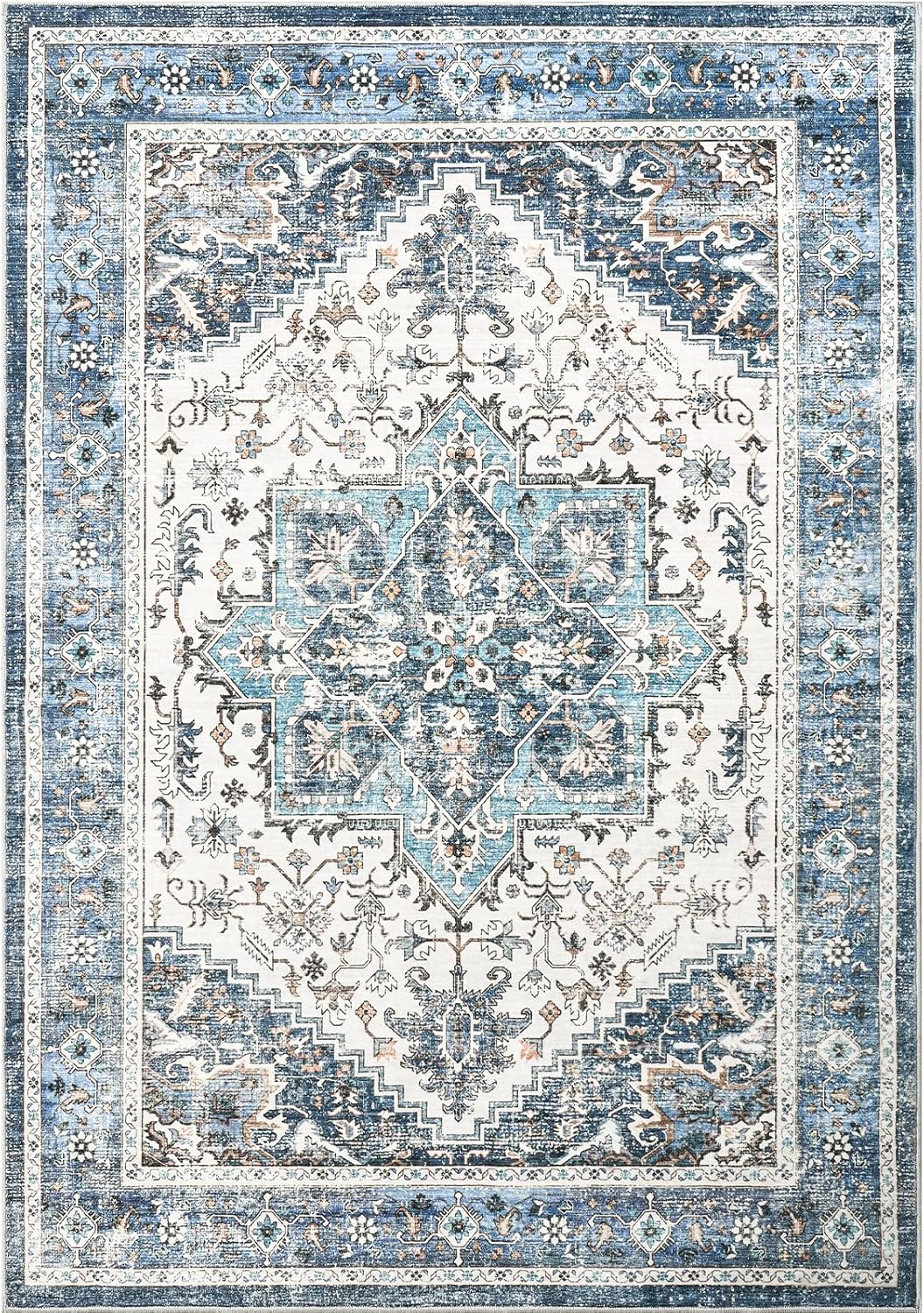 Washable Rugs 8x10 Area Rugs for Living Room, Non-Slip Backing Large Rug,Vintage Floral Rugs,Ultra-Thin Indoor Rug Home Decor Soft Area Rug (Navy,8'x10')