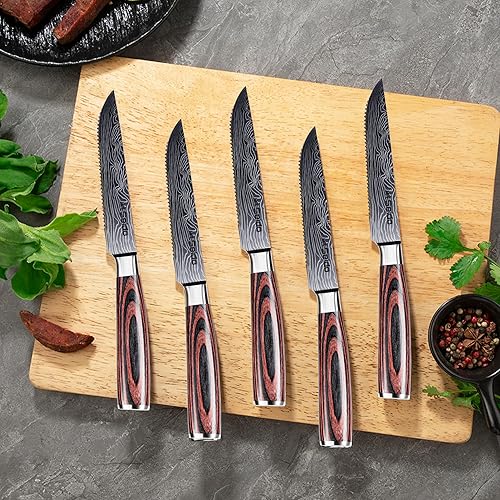 Miniatura 5 de Seido Knives Juego de cuchillos de carne dentados de acero inoxidable de 5 piezas, cuchillas forjadas a mano de primera calidad con asas ergonómicas