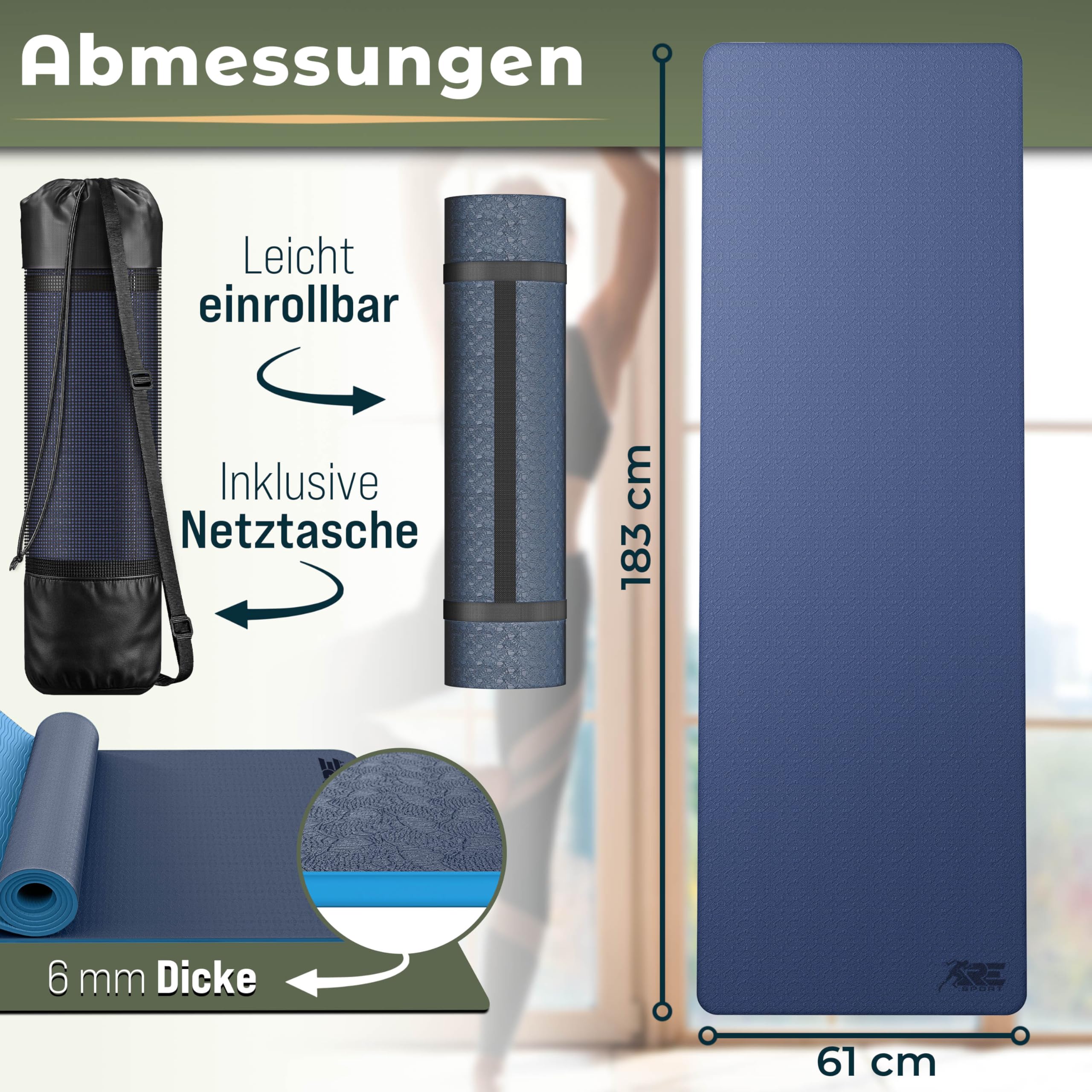 RE:SPORT Yogamatte Phthalatfrei | Gymnastikmatte rutschfest | Fitnessmatte schadstofffrei | Trainingsmatte mit Tragegurt Phthalatfrei 183 x 61 x 0,6 cm