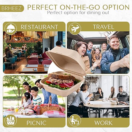 Miniatura 5 de brheez Contenedores desechables para llevar, contenedores biodegradables de fibra de bagazo con tapas para llevar, fiestas y vacaciones, paquete de