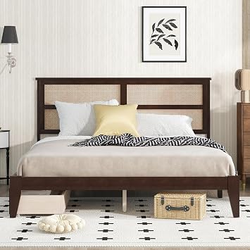 King Size Bed Frame with Rattan Headboard and 2 Storage Drawers, Farmhouse Wood Platform Bed with Enhanced by Support Feet, Sturdy Mattress Foundation, No Box Spring Needed Espresso, King