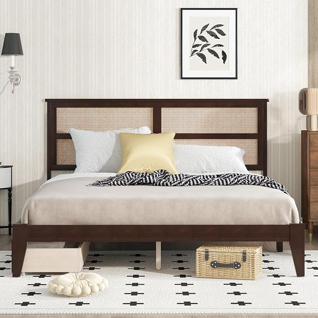 King Size Bed Frame with Rattan Headboard Wood Platform Bed with Two Storage Drawers King Platform Bed Frame