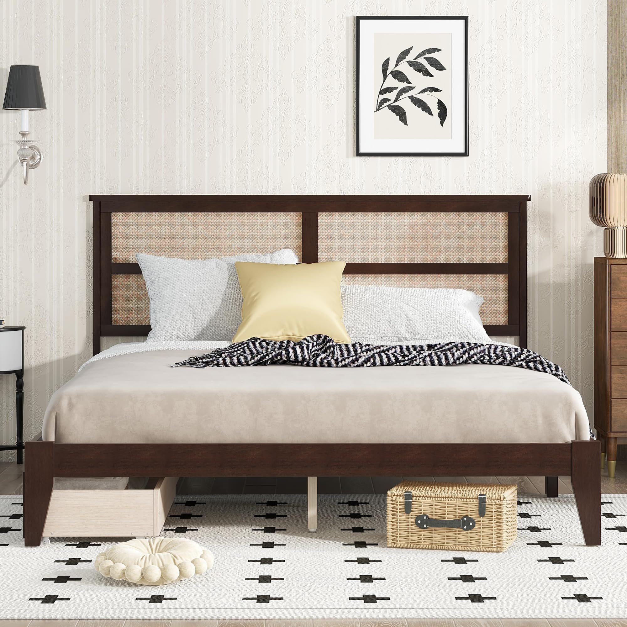 King Size Bed Frame with Rattan Headboard Wood Platform Bed with Two Storage Drawers King Platform Bed Frame