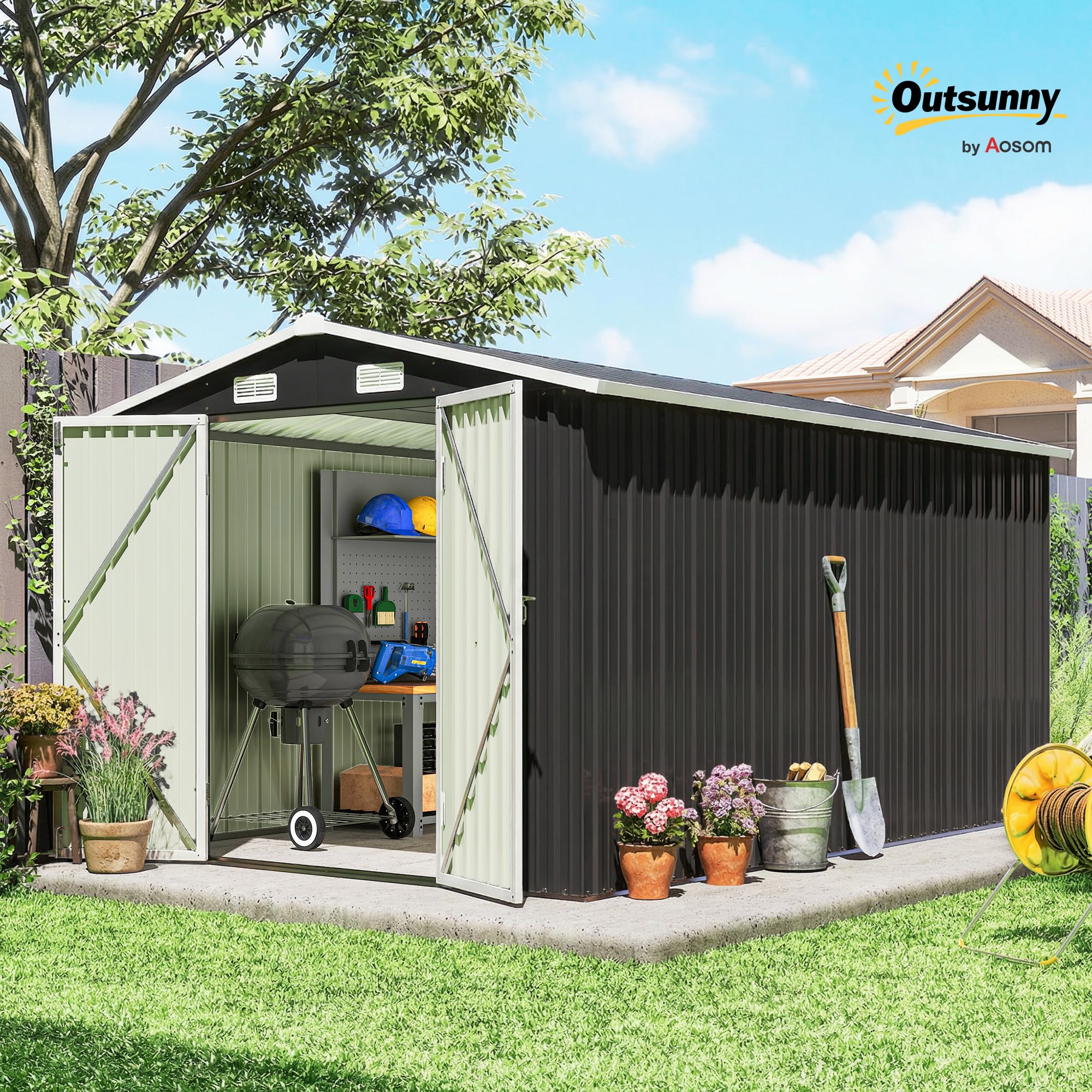 Outsunny 12' x 8' Metal Shed, Heavy Duty Outdoor Storage Shed with 4 Vents and Lockable Double Doors, Tool Storage House for Backyard, Garden, Patio, Dark Grey — view 2