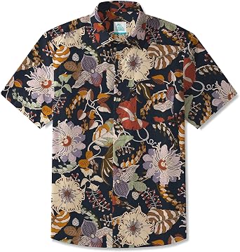 LeosWare Mens Hawaiian Shirt Short Sleeve Button-up 100% Cotton Black Aloha Charcoal Gray