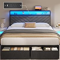 Fluest Queen Bed Frame with 2 Storage Drawers, Upholstered Headboard, LED Lights & Charging Station - Grey, No Box Spring