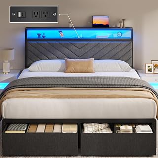 Fluest Queen Bed Frame with 2 Storage Drawers, LED Lights, Charging Station, Upholstered Headboard - Grey, No Box Spring
