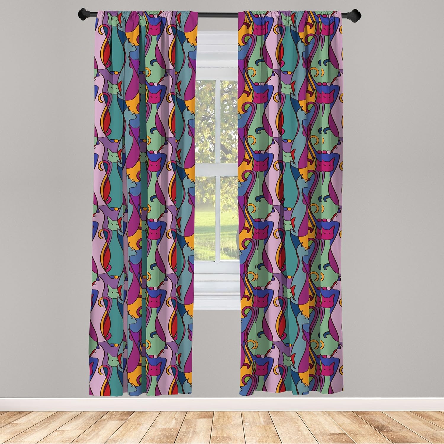 Ambesonne Cat Window Curtains, Geometric Colorful Cats Abstract Composition Cultural, Lightweight Decorative Panels Set of 2 with Rod Pocket, Pair of - 28" x 95", Purple Teal
