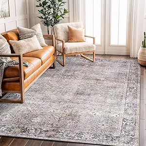 Rugshop Olive/Gray Vintage Distressed Area Rug — Machine Washable, 5' X 7' for Living Room, Bedroom and Home Office