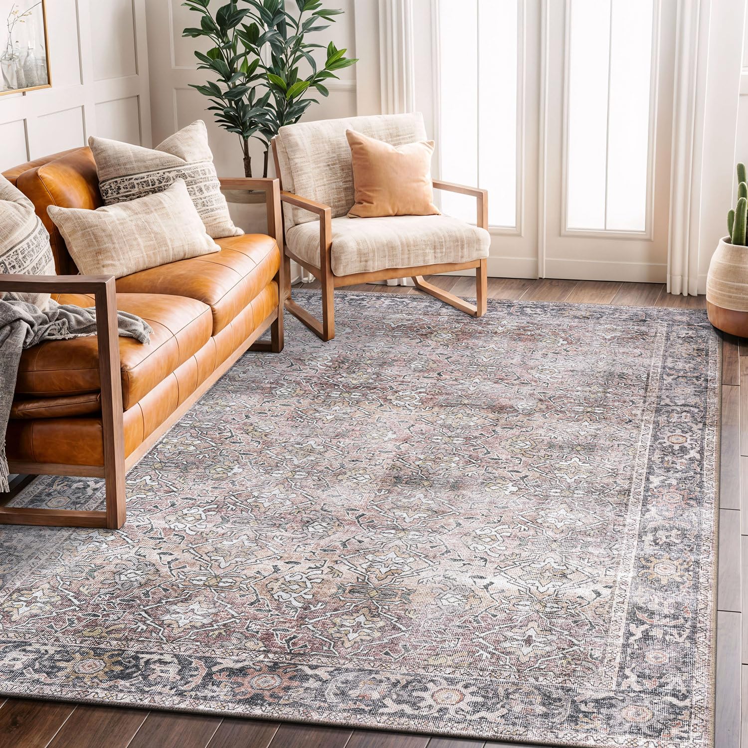 Rugshop Olive/Gray Vintage Distressed Area Rug — Machine Washable, 5' X 7' for Living Room, Bedroom and Home Office