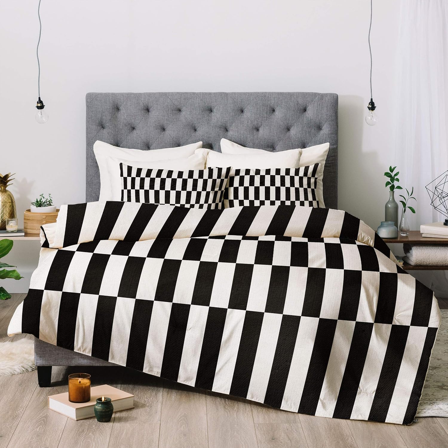 Deny Designs Bianca Green Black and White Order Comforter Set with Pillow Shams, Full/Queen, Black & White
