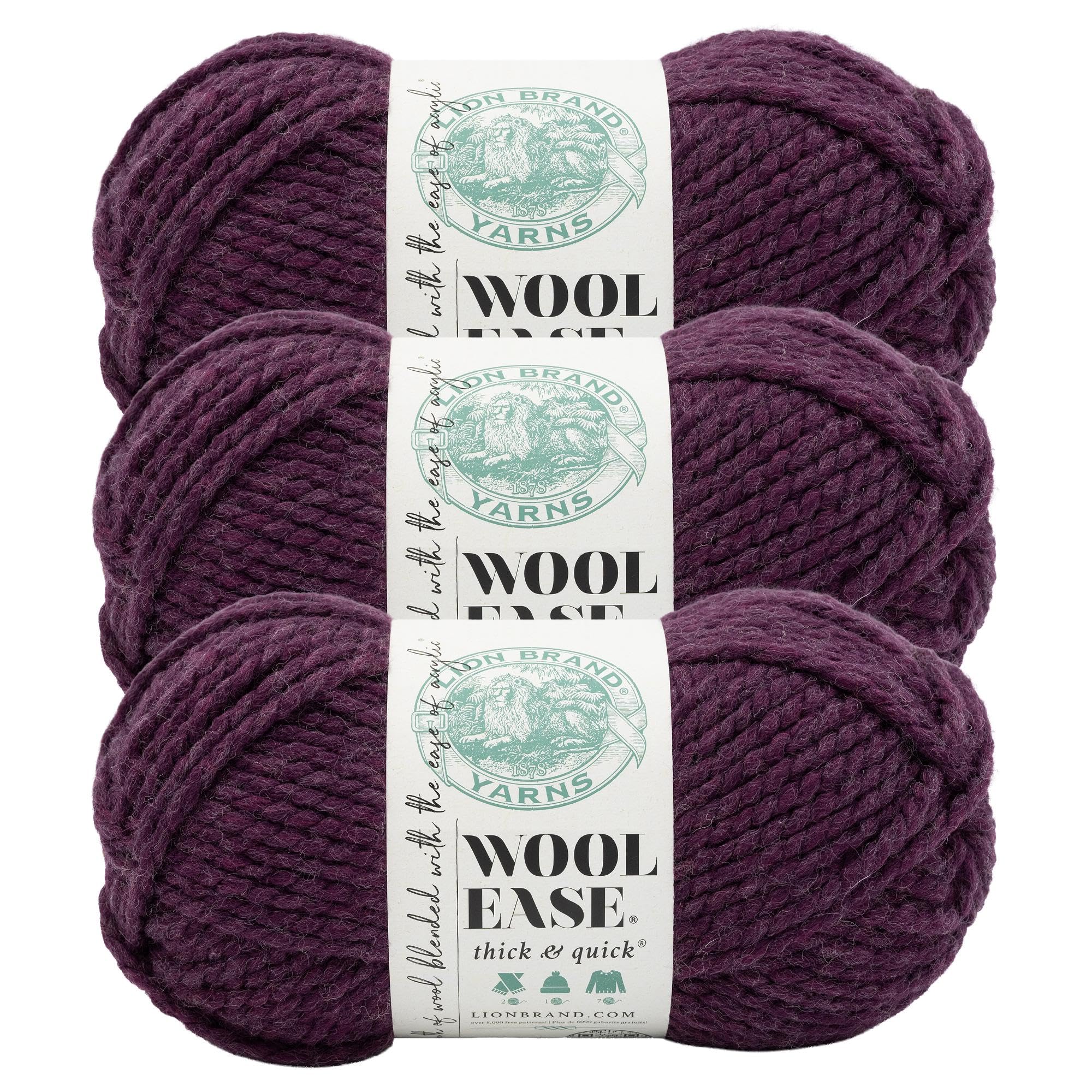 Lion Brand Yarn, Wool-Ease Thick &amp; Quick Yarn, Nocturne, Purple, 3 Pack