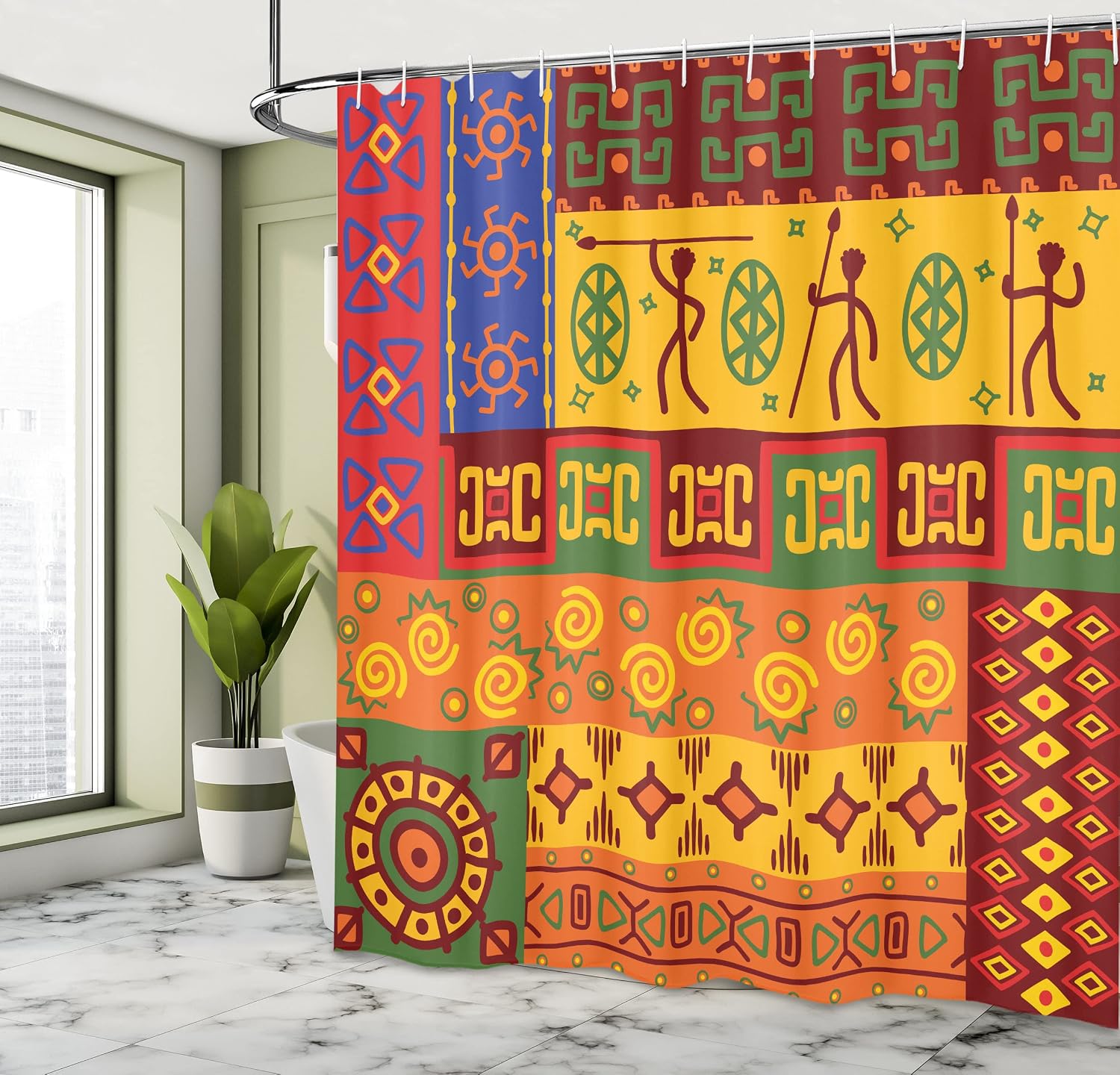 Ambesonne Prehistoric Shower Curtain, Vintage Aztec South American Forms Design with Exotic Striped Details, Cloth Fabric Bathroom Decor Set with Hooks, 69" W x 70" L, Multicolor