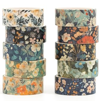 10 Rolls Blooming Flowers Washi Tape Set Floral Arts Adhesive Tapes Colorful Garden Decorative Masking Tape Sets for Craft, Kids, Scrapbook, DIY, Gift Wrapping 6-Silence