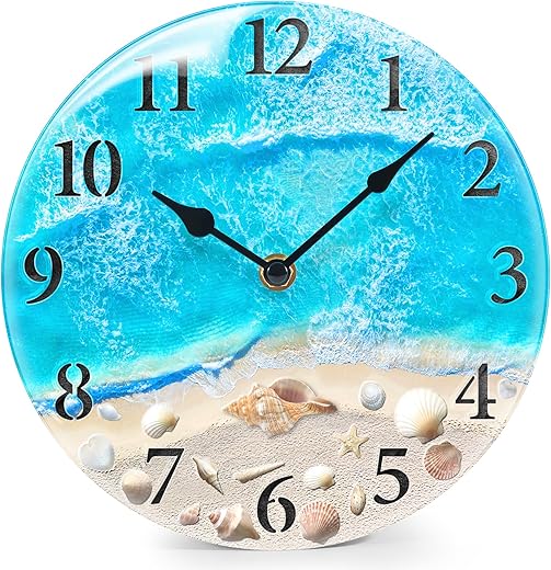 Coastal Nautical Glass Wall Clock with Seashell Design and Aesthetic Beach Theme Battery Operated photo Coastal Nautical Glass Wall Clock with Seashell Design and Aesthetic Beach Theme Battery Operated