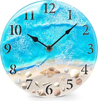 Coastal Nautical Glass Wall Clock with Seashell Design and Aesthetic Beach Theme - Battery Operated Silent Wall Decor for Home, Kitchen, Living Room, Office, Bedroom, or Bathroom 8 Inch,Light Blue
