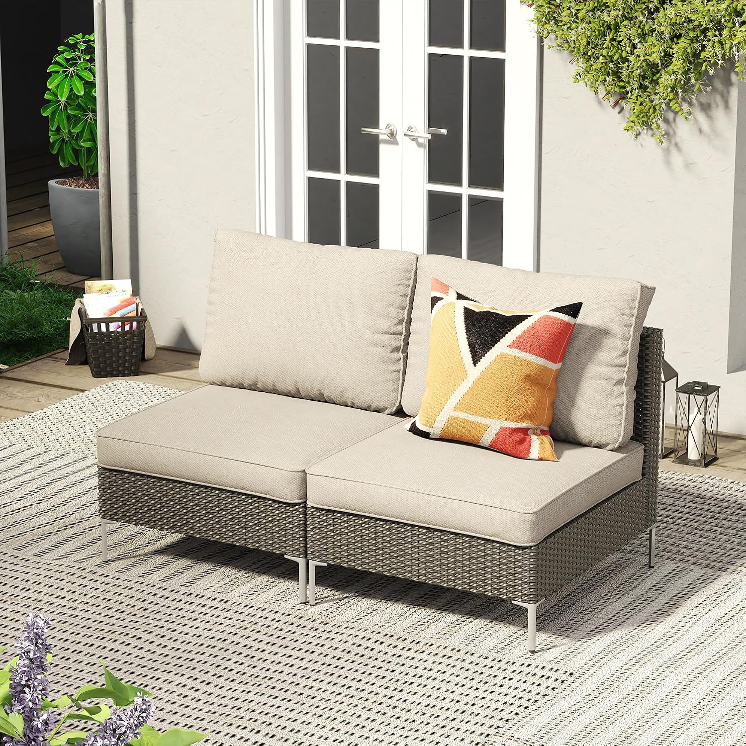VICLLAX 7 Pieces Wicker Patio Furniture Set, Outdoor Conversation Set Sectional Sofas with Cushions and Glass-top Tea Table, Oak Rattan