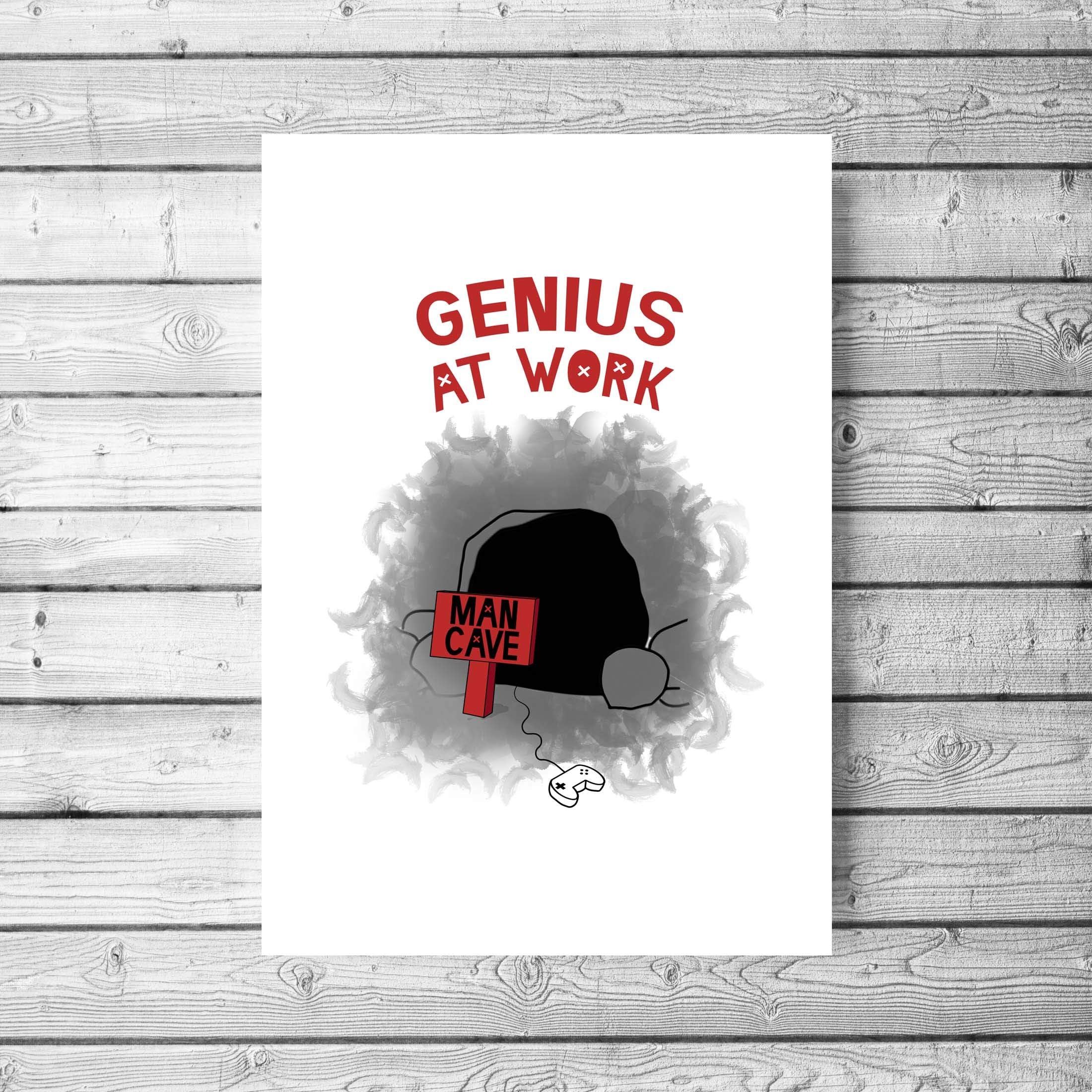 Man Cave Wall Art for Boys Bedroom, Genius at Work Poster for Teenage Boys Room Gift, Crafty Cow Design
