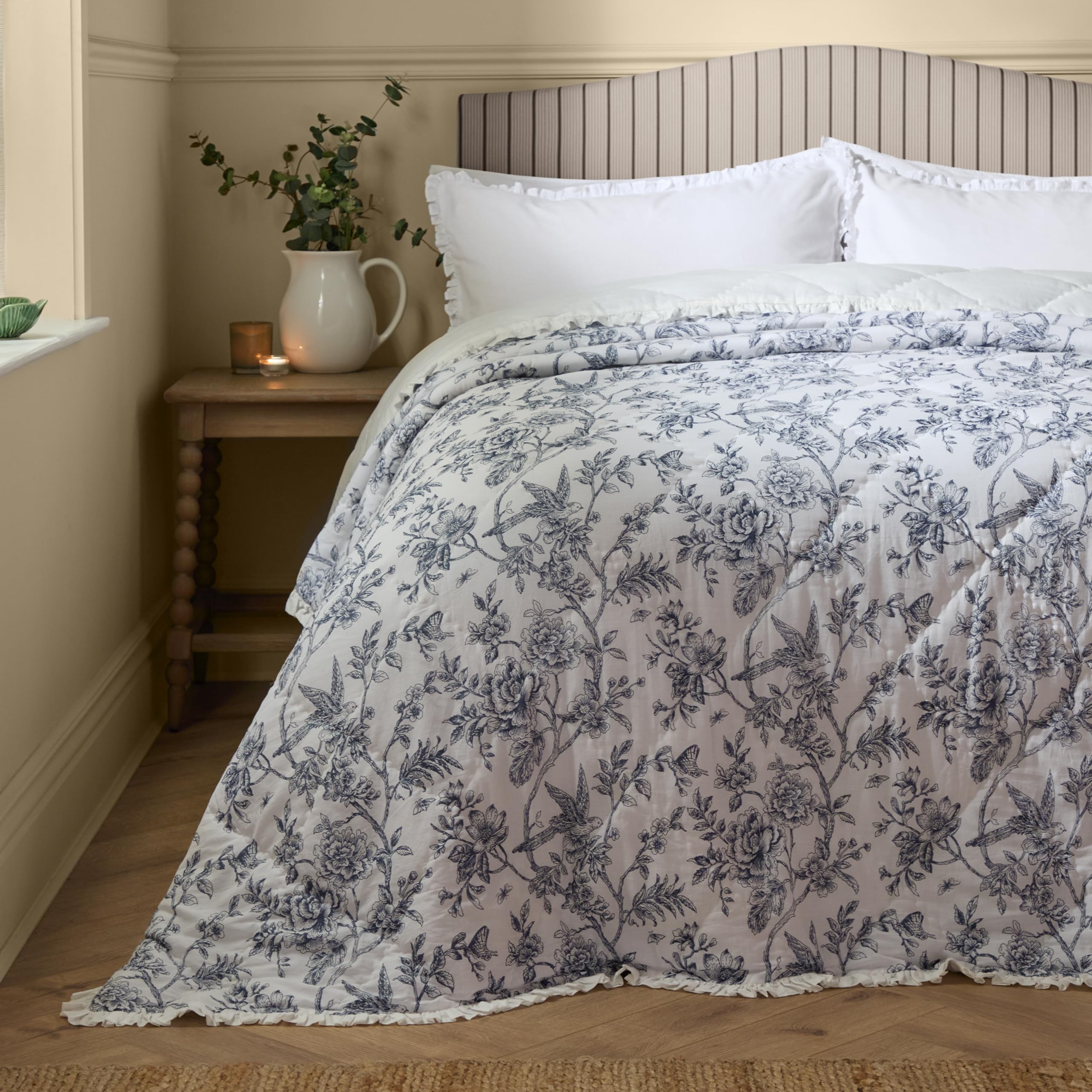 furn. Wylder Hermione Bedspread – Reversible Floral Quilted Cotton Ruffle Trim Coverlet Bedding (Ivory Blue – 240x260cm)