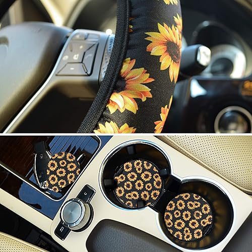 Miniatura 8 de Funda para volante con estampado de girasol para mujer con portavasos para automóvil y llavero con tema de girasol, funda para volante linda y a la