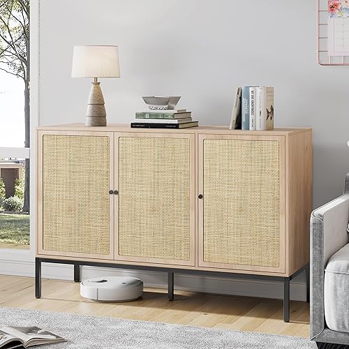 Brafab Rattan Cabinet Storage Sideboard Buffet Table Accent Console for Living Room Entryway Kitchen Dining Room 3 Doors