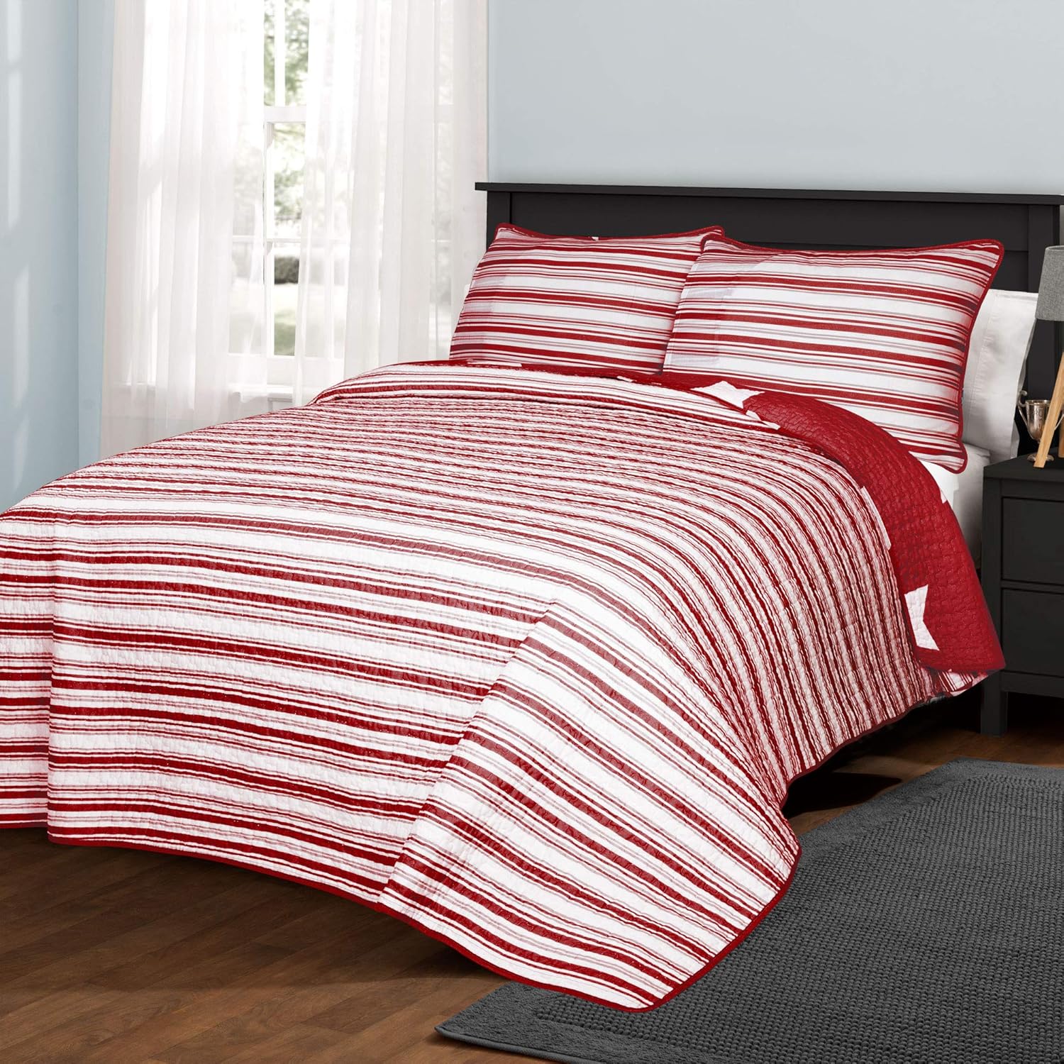 🔥 Lush Decor Red Star Quilt-Reversible 2 Piece Pattern Striped Bedding Set with Pillow Shams, Twin