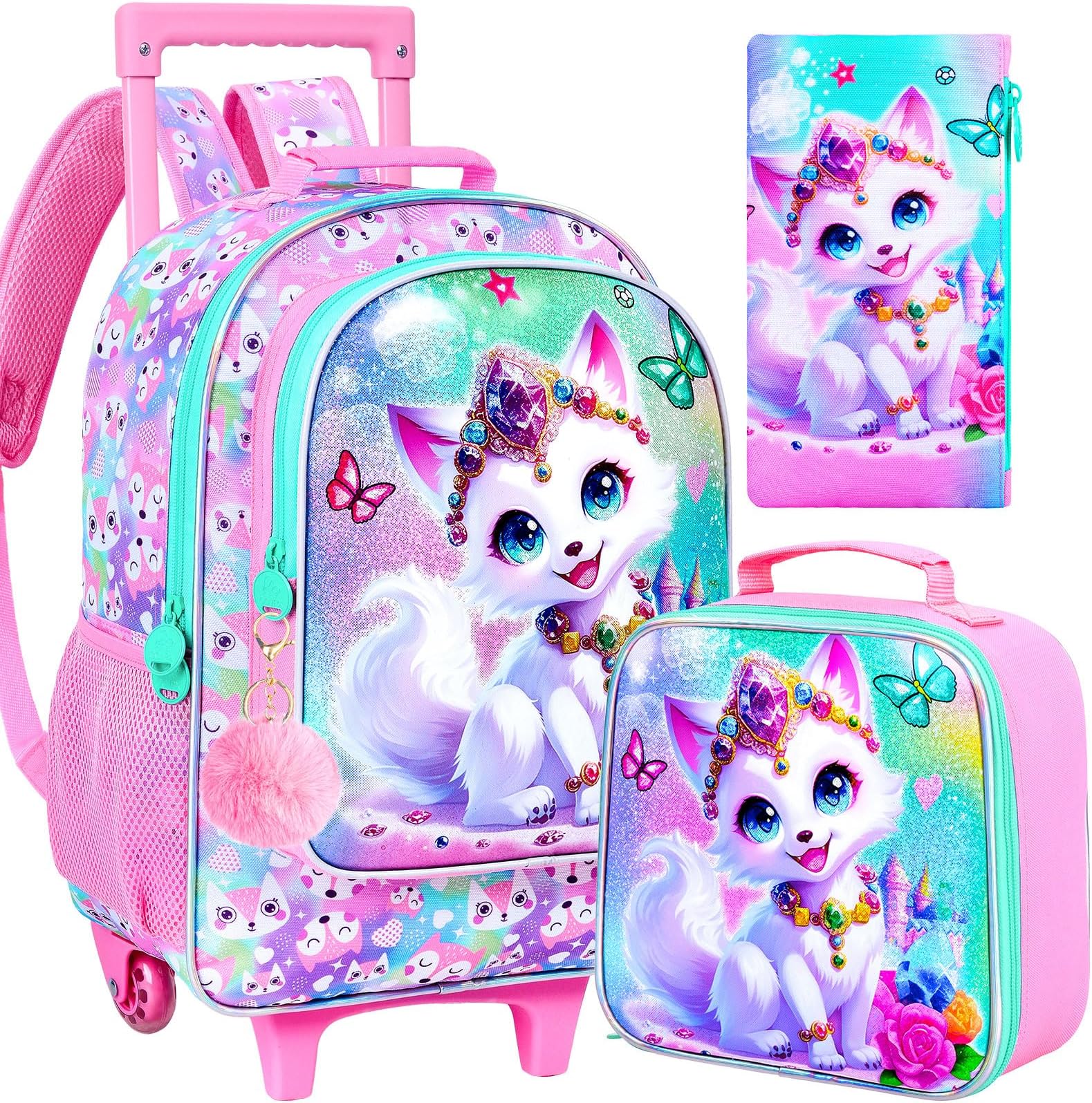 3Pcs Rolling Backpack for Girls, Kids Roller School Backpack with Wheels, Fox Wheeled Bookbag for Elementary Preschool Kindergarten(Pink)