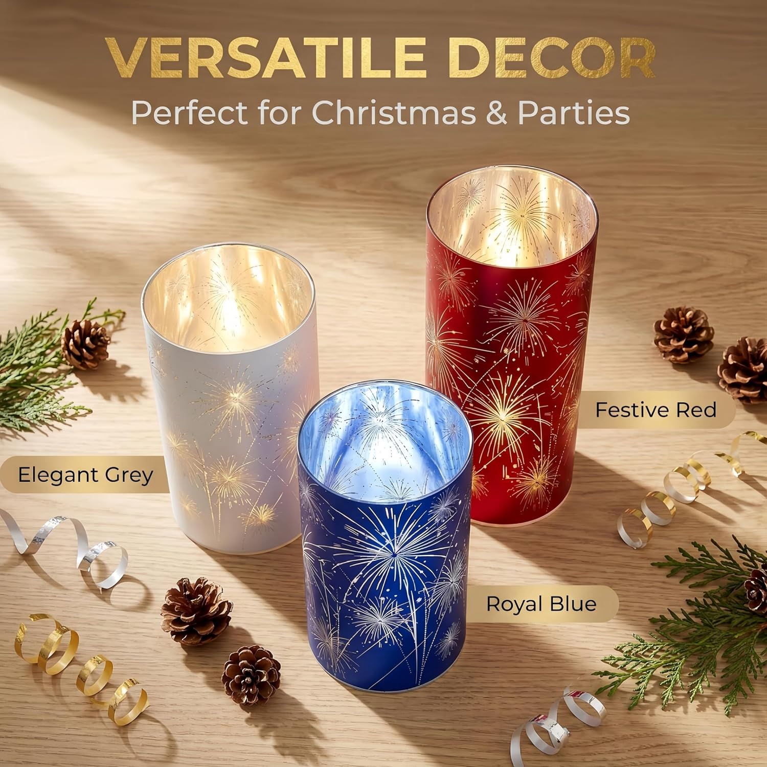 Set of 3 Red White and Blue Celebration Hurricane Firework Candles | 3D Etched Starburst Patriotic Led Lantern Lights Hurricanes for Birthday Wedding Christmas Parties Chic Modern Home Decor