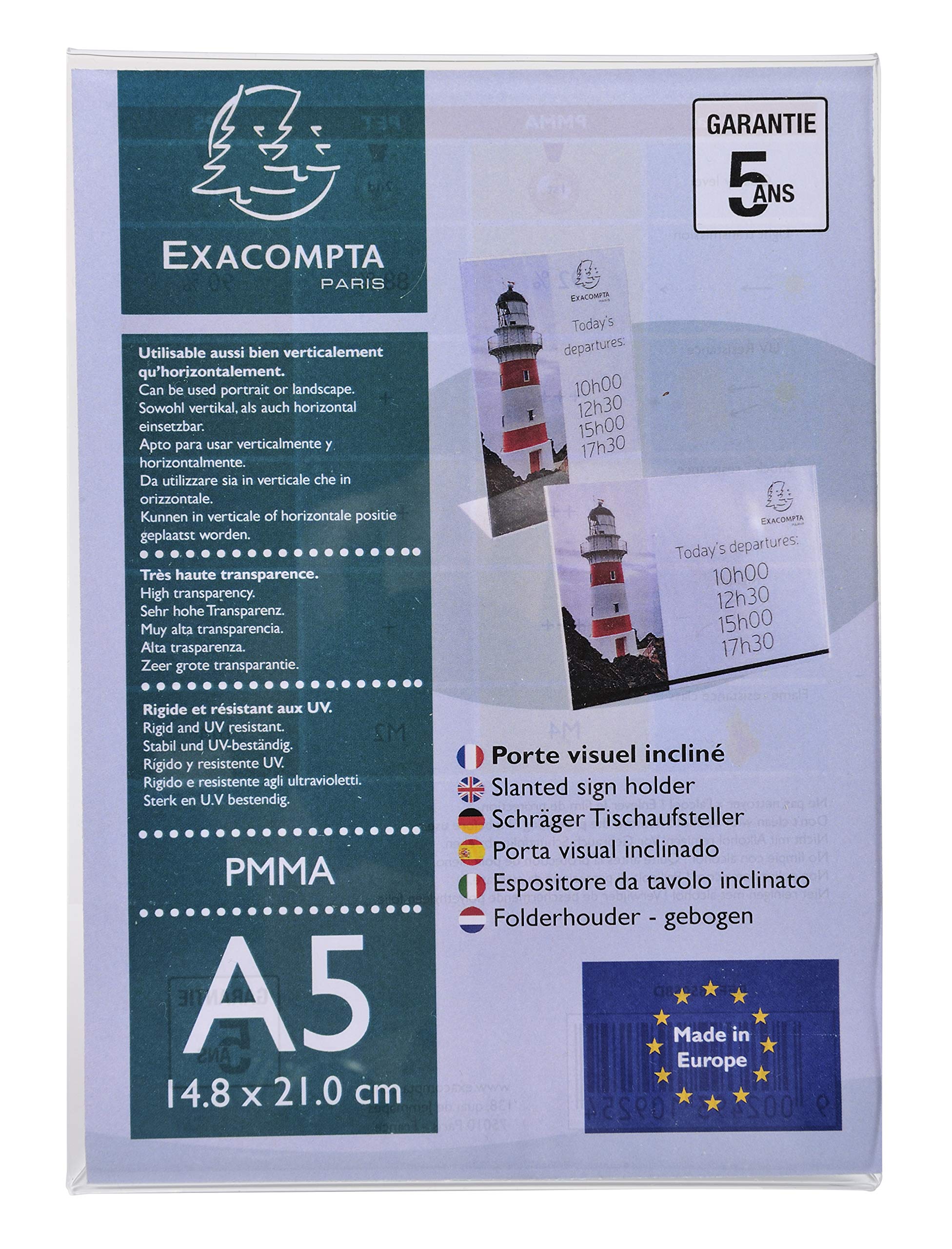 Exacompta - Ref 85058D - Slanted Sign Holder - Suitable for Holding A5 Sized Documents, Made from PMMA (Acrylic) Material, Landscape or Portrait - Transparent
