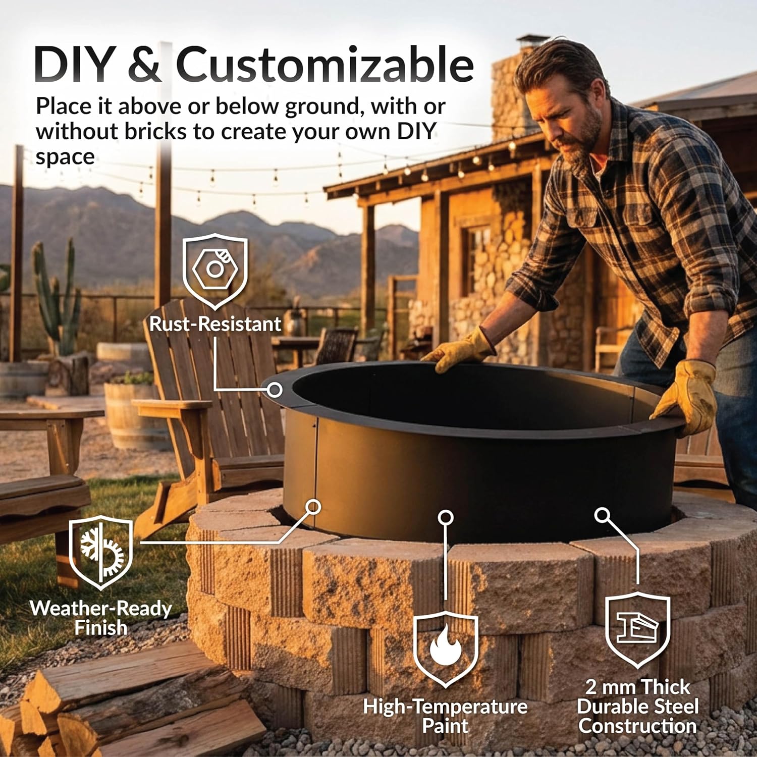 Sunnydaze Outdoor Fire Pit Ring - Heavy-Duty Round Steel Fire Ring Insert - DIY Above or In-Ground - 45-Inch Outer/39-Inch Inner Diameter