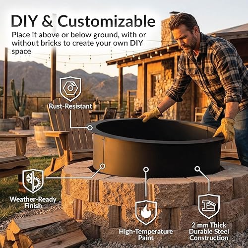 Miniatura 2 de Sunnydaze - Anillo para hoguera para exteriores, inserto de anillo redondo de acero resistente, bricolaje sobre o en el suelo, 45 pulgadas