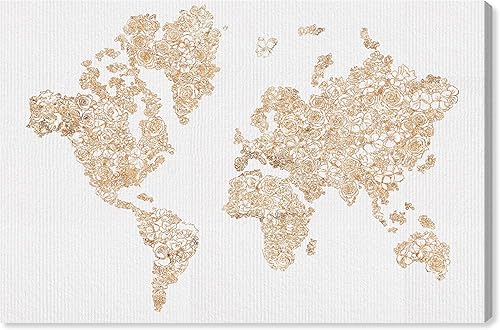 The Oliver Gal Artist Co. Maps - Lienzo decorativo para pared, diseño floral dorado de Mapamundi, decoración del hogar, 30 x 20 pulgadas, color