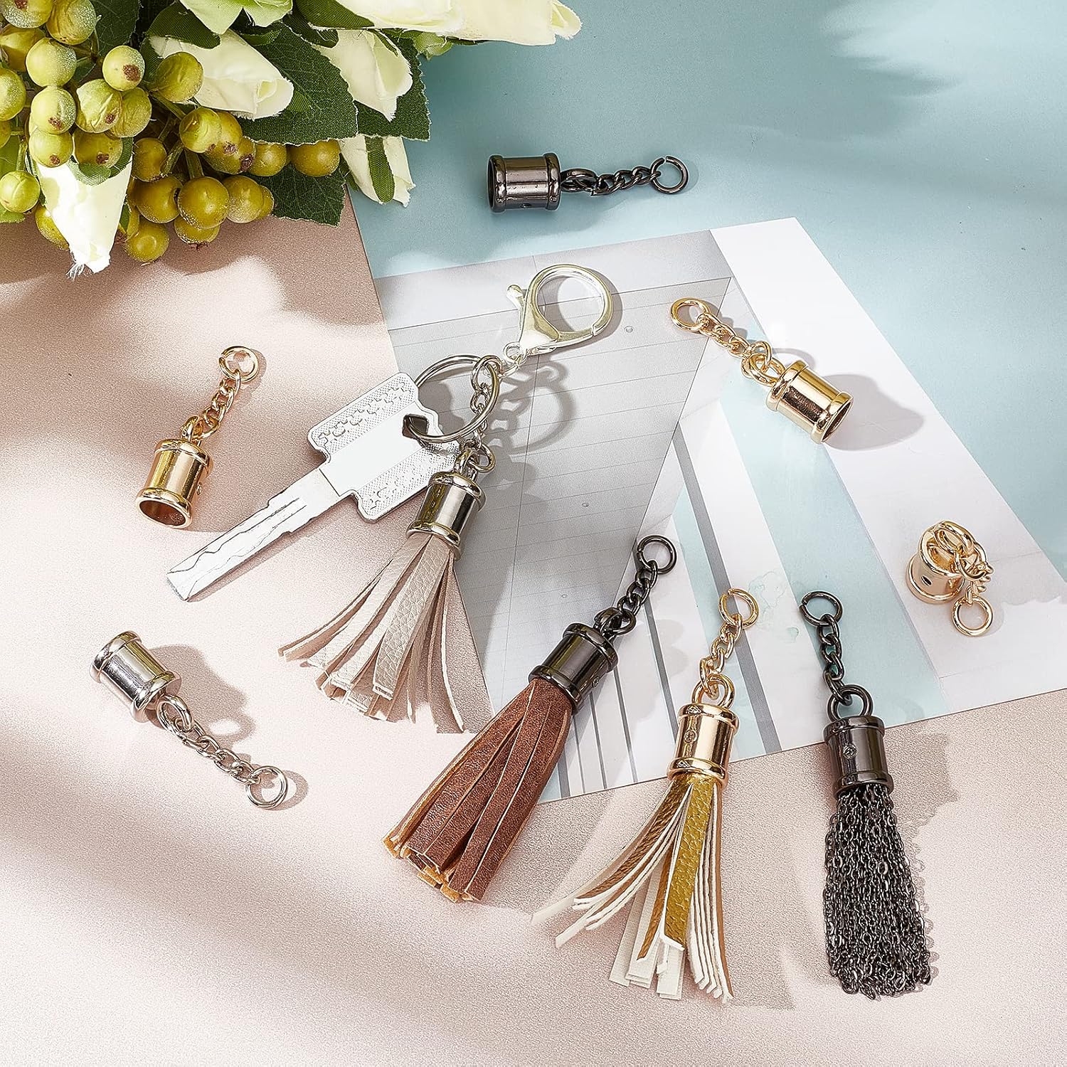 CHGCRAFT 24 Pcs 3 Colors Tassel Cord End Cap with Screw and Chain, 1 inch Leather Tassel Alloy Glue in Cord for Bag Ornament DIY Bracelet Necklace Crafts Jewelry Making