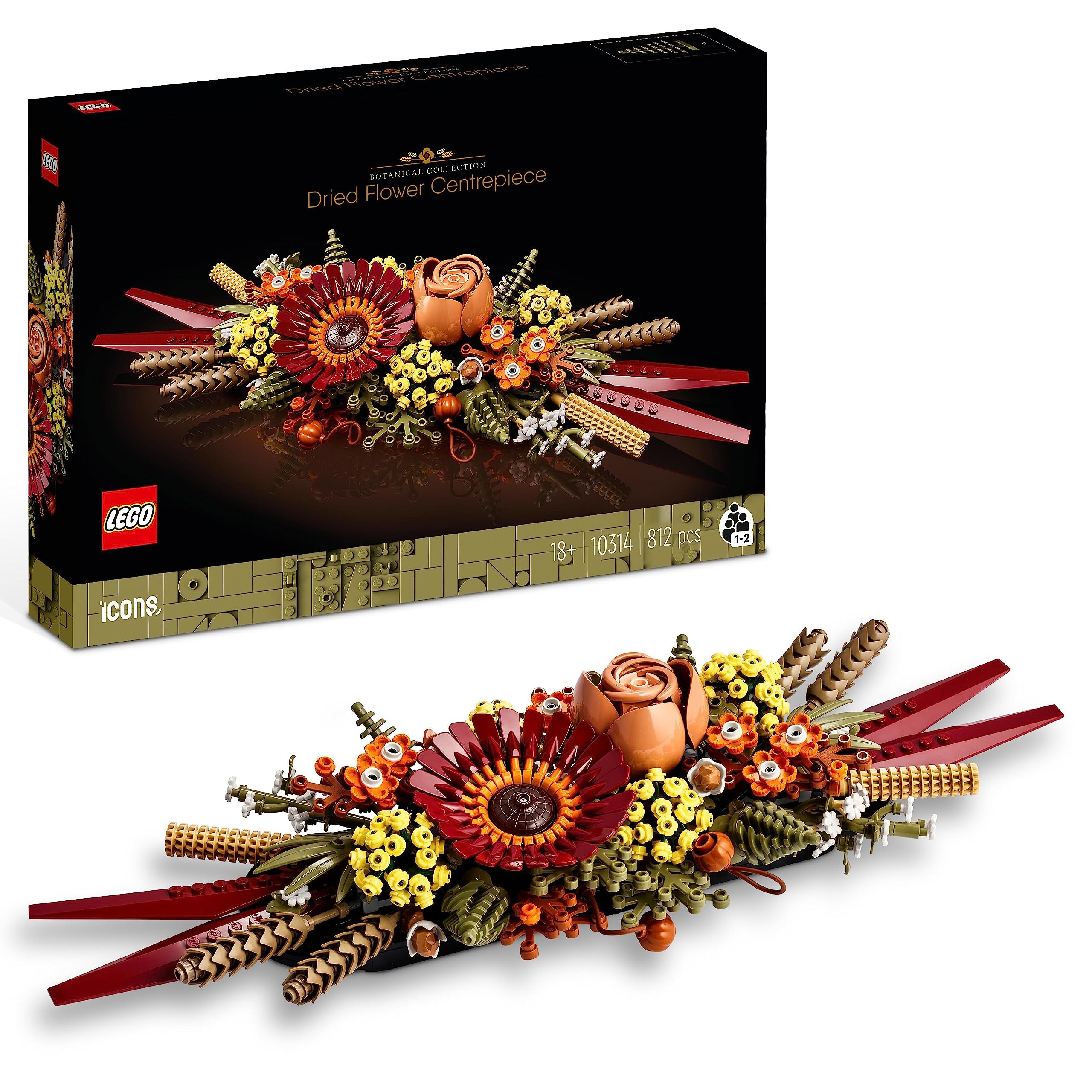LEGO 10314 Icons Centrotavola di Fiori Secchi Finti, Set Fai da Te, Botanical Collection con Rosa e Gerbera Artificiali, Decorazione Tavolo o Parete, Idee Regalo per Lei e Lui, per Moglie e Marito