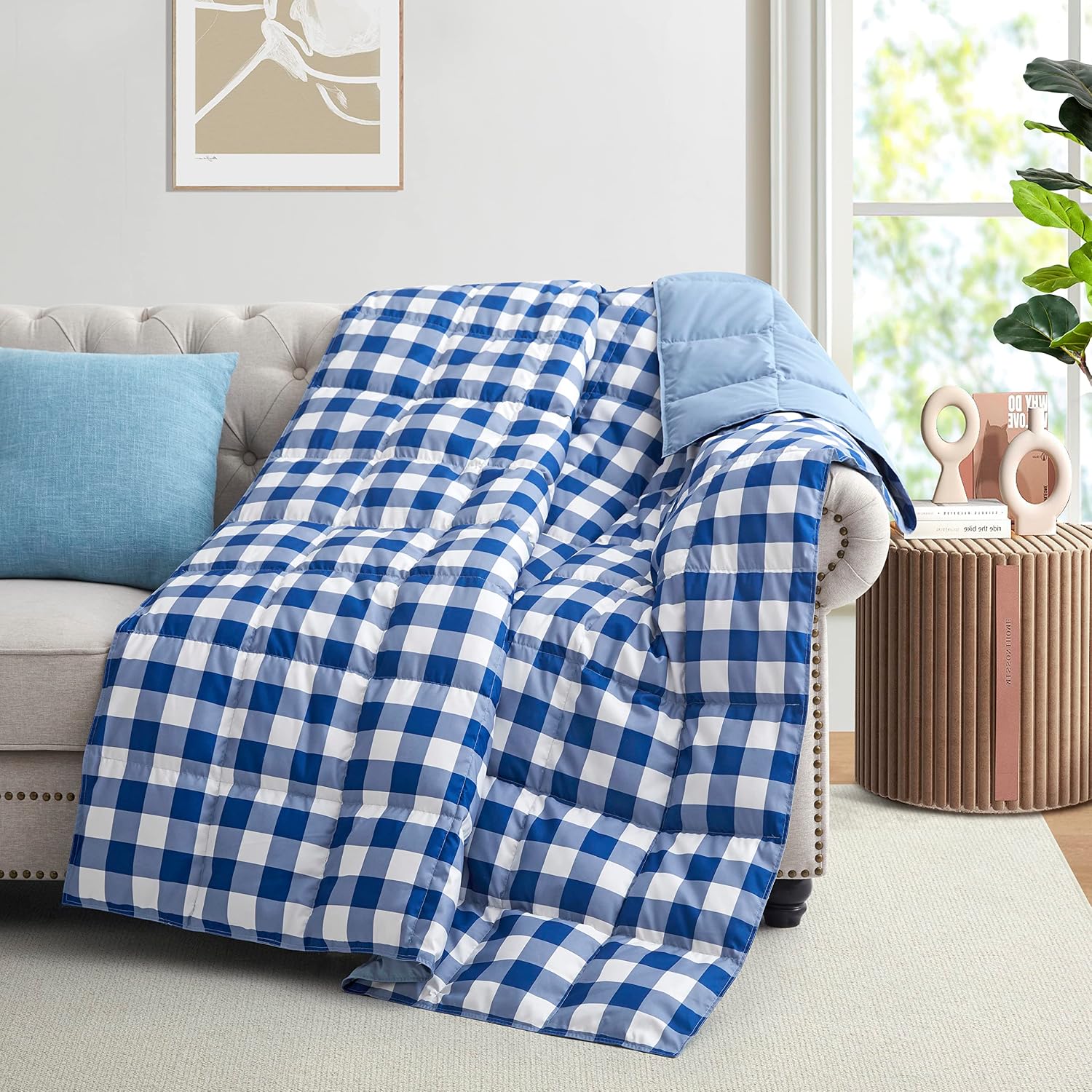 Peace nest Plaid Down Throw Blankets for Couch 50x70” Packable Reversible Down Blanket for Indoor and Outdoor Use Grid Lightweight Throw Blanket